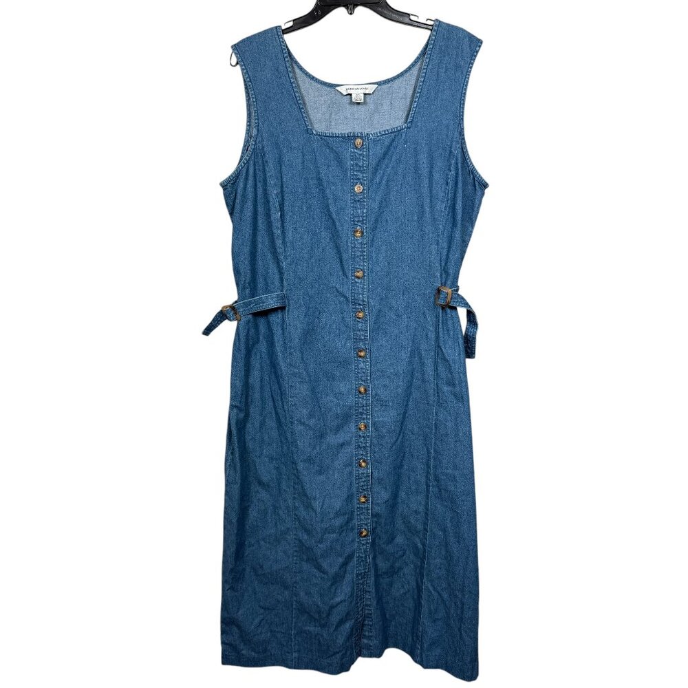 Vintage August Max Woman Denim Midi Dress 16W Blue Button Sleeveless Modest